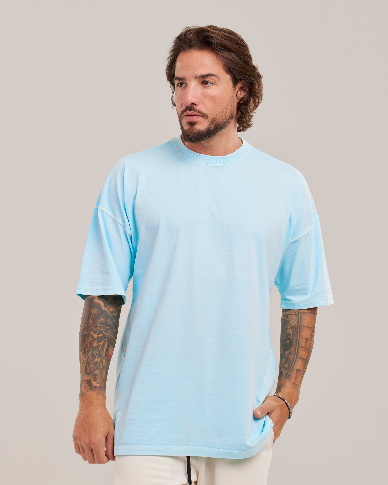 Camiseta Oversized Estonada Vintage Azul Claro — Lunfe Atacado — foto 4